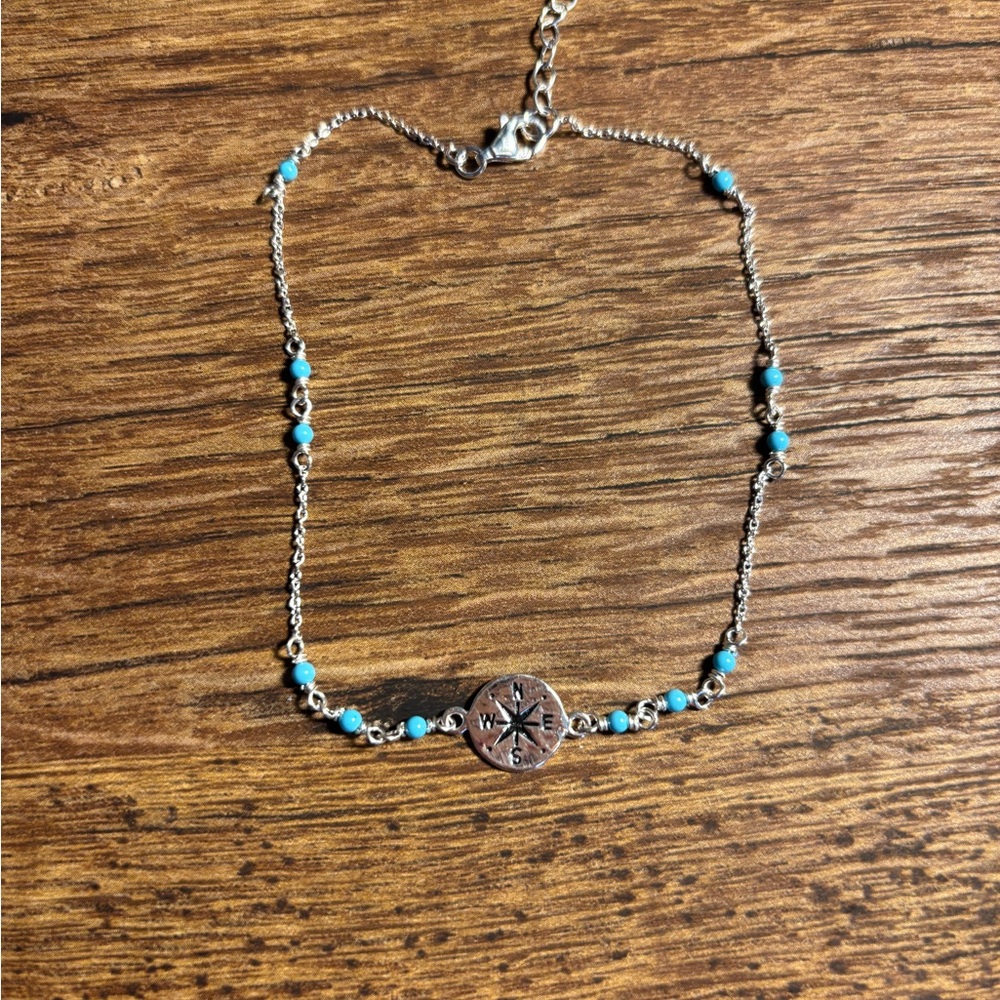 Silver Blue Beaded Anklet with Intricate Charm